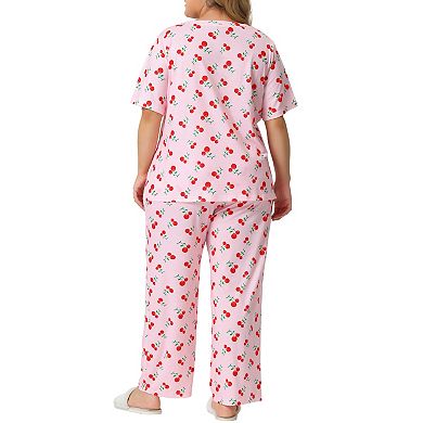 Plus Size Pajama Set for Women Short Sleeve Cherry Print Elastic Soft Pockets Nightwear Sleepwear