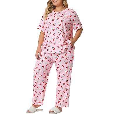 Plus Size Pajama Set for Women Short Sleeve Cherry Print Elastic Soft Pockets Nightwear Sleepwear