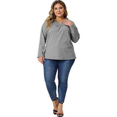 Plus Size Tops For Women Round Gathered Neck Long Sleeved T-shirts Loose Casual Tunic Blouses