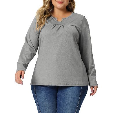 Plus Size Tops For Women Round Gathered Neck Long Sleeved T-shirts Loose Casual Tunic Blouses
