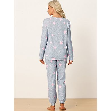 Womens Long Sleeve Pajama Sets Kint Printed Pattern 2 Piece Sleepwear