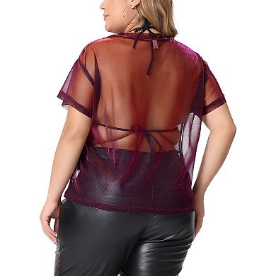 Plus Size T-shirt For Women Sheer Mesh Holographic Drop Shoulder Short Sleeve Tops Blouse