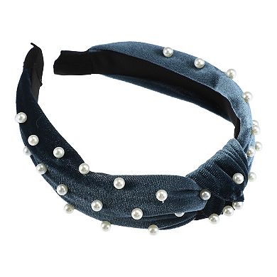 Bling Twisted Faux Pearl Velvet Headband Hairband For Women 1.2" Wide