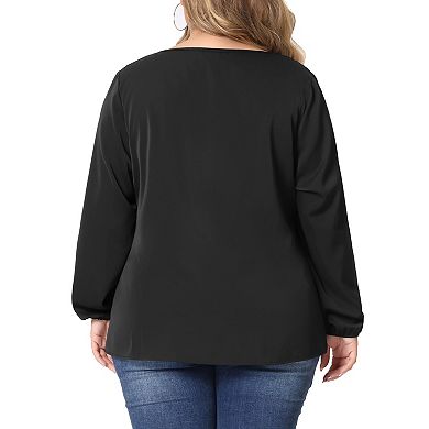 Plus Size Chiffon Blouses For Women V Neck Lace Panel Long Sleeve Elastic Cuff Casual Tops Shirts
