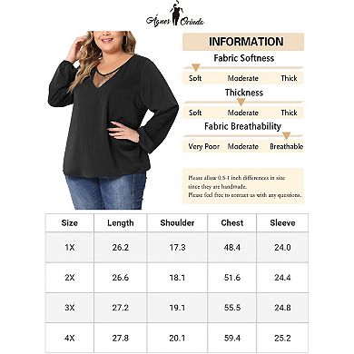 Plus Size Chiffon Blouses For Women V Neck Lace Panel Long Sleeve Elastic Cuff Casual Tops Shirts