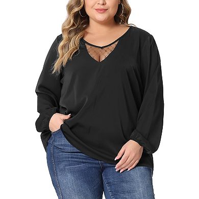 Plus Size Chiffon Blouses For Women V Neck Lace Panel Long Sleeve Elastic Cuff Casual Tops Shirts