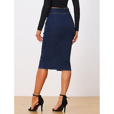 Casual Denim Skirt For Women's High Waist Split Hem Midi Jean Pencil Skirts