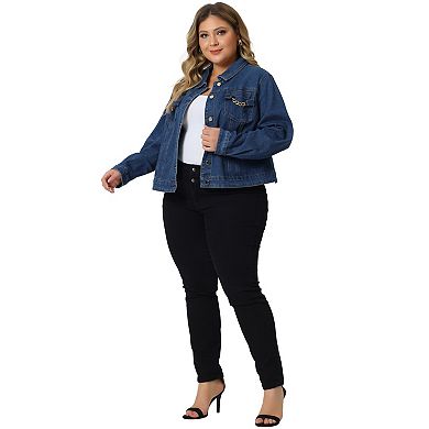 Plus Size Denim Jacket for Women Chain Button Jean Outwear Long Sleeve Jackets