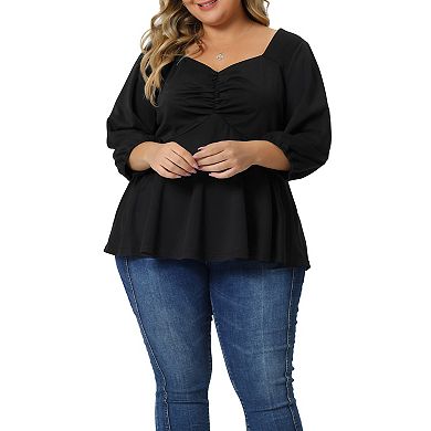 Plus Size Blouse For Women Sweetheart V Neck Elbow Sleeve Front Ruched Peplum Tops Shirt