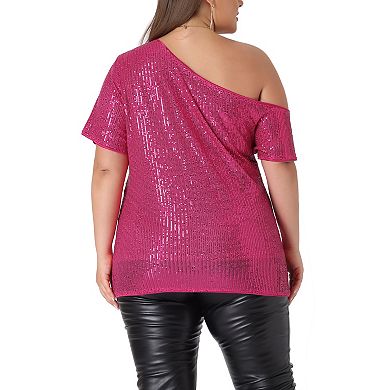 Plus Size Sequin Tops For Women Sparkly One Shoulder Short Sleeve Party Tops