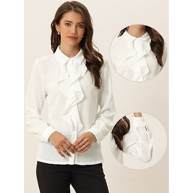 Lotus Ruffled Work Shirt for Women's Collar Neck Long Sleeve Vintage Blouse Tops