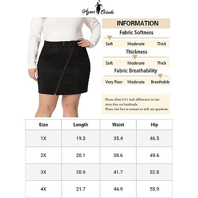 Plus Size Skirt For Women Faux Suede Zipper Front Pockets Elastic Waist Mini Skirts