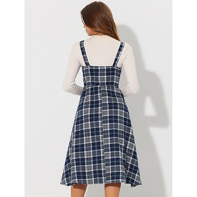 Women's Plaid Vintage Sleeveless A-line Overall Pinafore Dress Suspender Skirt