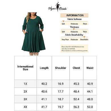 Women Plus Size Round Neck 3/4 Sleeve Ruched Flare Midi Dress With Pocket T-shirt Dress