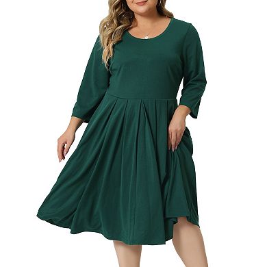 Women Plus Size Round Neck 3/4 Sleeve Ruched Flare Midi Dress With Pocket T-shirt Dress