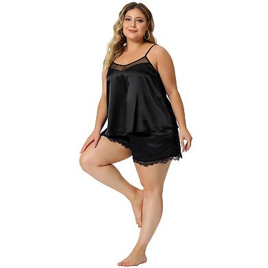 Plus Size Sleepwear for Women V-Neck Lace Trim Cami Tops Shorts Satin Elastic Nightwear Pajamas Sets