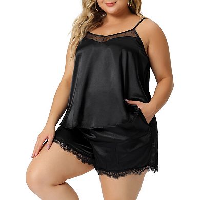 Plus Size Sleepwear for Women V-Neck Lace Trim Cami Tops Shorts Satin Elastic Nightwear Pajamas Sets