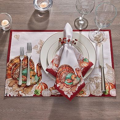 Elrene Home Fashions Holiday Turkey Bordered Fall Napkins, Set of 8