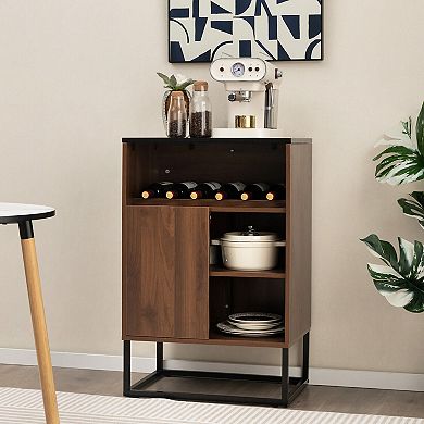 Wine Storage Cabinet Buffet Sideboard with Adjustable Shelf and Sliding Door-Brown