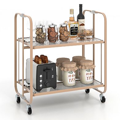 2-Tier Mobile Serving Cart with Tempered Glass Shelf-Golden