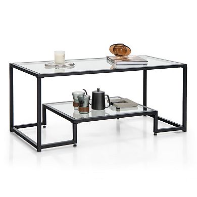 Modern 2-Tier Rectangular Coffee Table with Glass Table Top