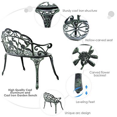Aluminum Patio Outdoor Garden Bench Chair Loveseat Cast Antique Rose