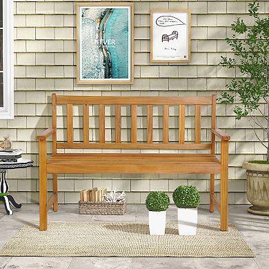 2-Person Patio Acacia Wood Bench with Backrest and Armrests