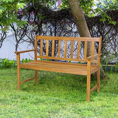 2-Person Patio Acacia Wood Bench with Backrest and Armrests