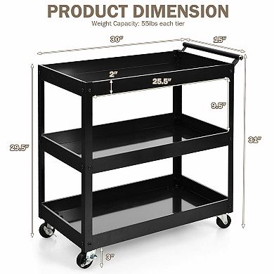 3-Tier Utility Cart with Steel Frame and Four Wheels