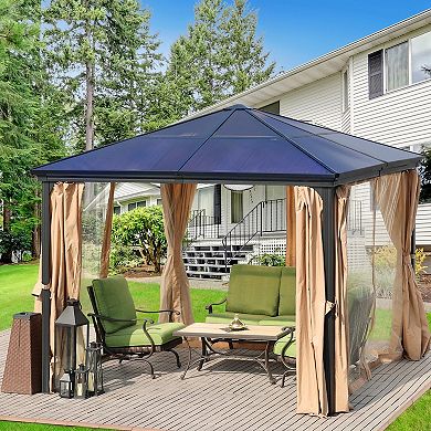 Aoodor 10 x 10 ft. Outdoor Aluminum Frame Polycarbonate Roof Gazebo, for Garden and Backyard - Black