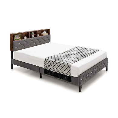 Upholstered Bed Frame with Storage Headboard