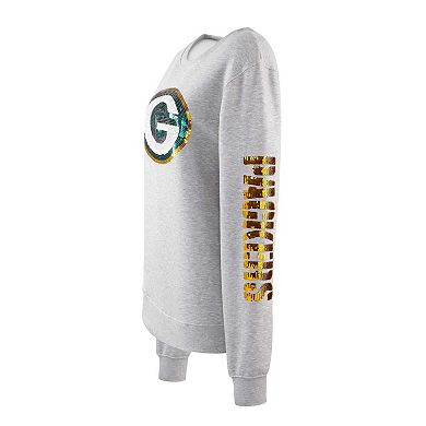 Women's Cuce Heather Gray Green Bay Packers Sequined Logo Pullover Sweatshirt