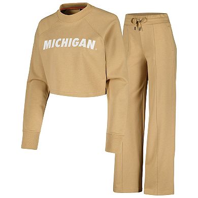 Women's Tan Michigan Wolverines Raglan Cropped Sweatshirt & Sweatpants Set