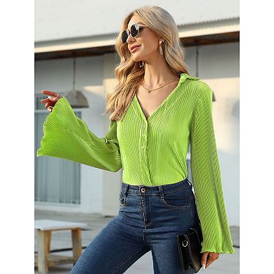 Women's Deep V Neck Blouses Y2k Button Front Shirts Long Bell Sleeve Collared Casual Tunic Top