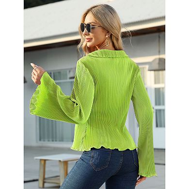 Women's Deep V Neck Blouses Y2k Button Front Shirts Long Bell Sleeve Collared Casual Tunic Top