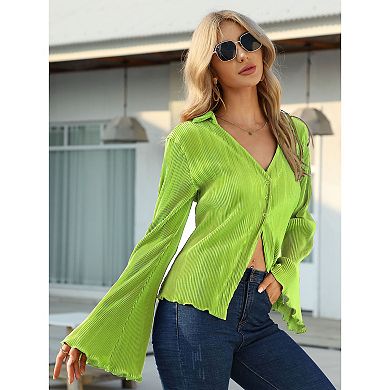 Women's Deep V Neck Blouses Y2k Button Front Shirts Long Bell Sleeve Collared Casual Tunic Top