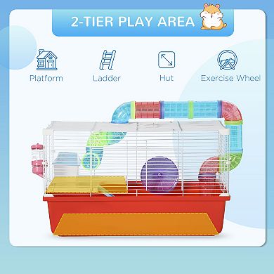 Large Hamster Cage And Habitat W/ Tube Tunnels, Exercise Wheel, Ladder, Red