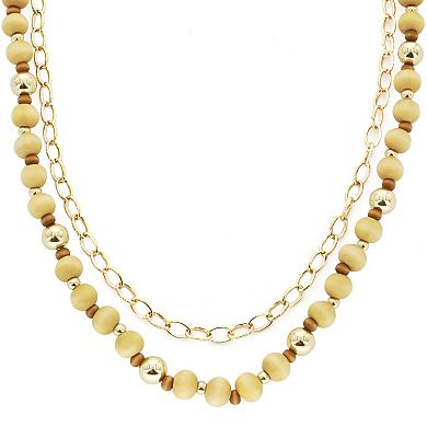 PANNEE BY PANACEA Gold Tone Wood Bead & Chain Double-Strand Necklace