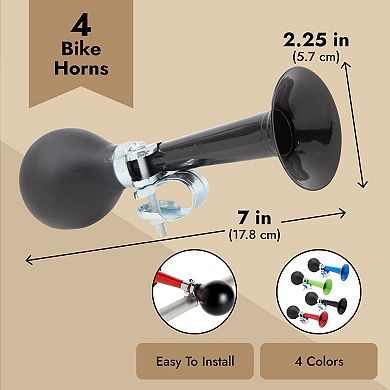 4 Pack Bike Horn for Adults and Kids with Rubber Squeeze Bulb, 4 Assorted Colors (7 x 2 x 2 In)