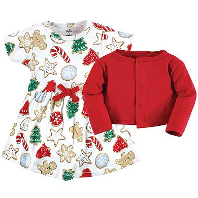 Touched By Nature Infant And Toddler Girl Organic Cotton Dress And Cardigan, Christmas Cookies