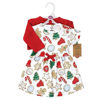 Touched By Nature Infant And Toddler Girl Organic Cotton Dress And Cardigan, Christmas Cookies