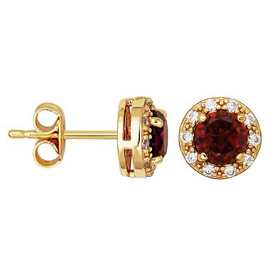 18k Gold Over Silver Garnet & Cubic Zirconia Halo Pendant Necklace & Stud Earrings Set