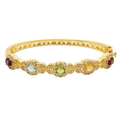 18k Gold Over Bronze Multi Gemstone Heart Pendant Necklace and Bangle Bracelet Set