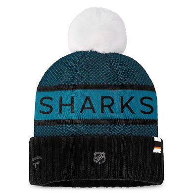 Women's Fanatics Branded  Black/Teal San Jose Sharks Authentic Pro Rink Cuffed Knit Hat with Pom