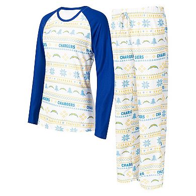 Women's Concepts Sport White/Powder Blue Los Angeles Chargers Tinsel Raglan Long Sleeve T-Shirt & Pants Sleep Set
