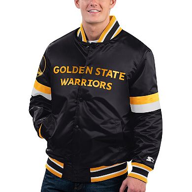 Men's Starter Black Golden State Warriors Home Game Satin Full-Snap Varsity Jacket