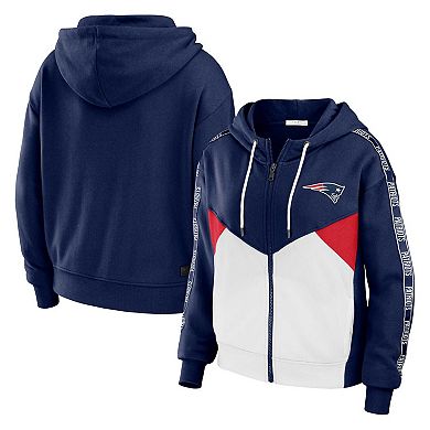 Women's WEAR by Erin Andrews Navy/White New England Patriots Plus Size Color Block Full-Zip Hoodie