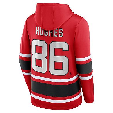 Men's Fanatics Branded Jack Hughes Red New Jersey Devils Name & Number Lace-Up Pullover Hoodie