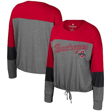 Women's Colosseum Gray Ohio State Buckeyes Twinkle Lights Tie Front Long Sleeve T-Shirt