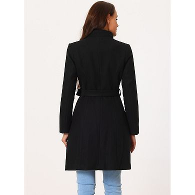 Womens' Fall Winter Button Front Closure Mock Neck Woolen Coat With Pockets